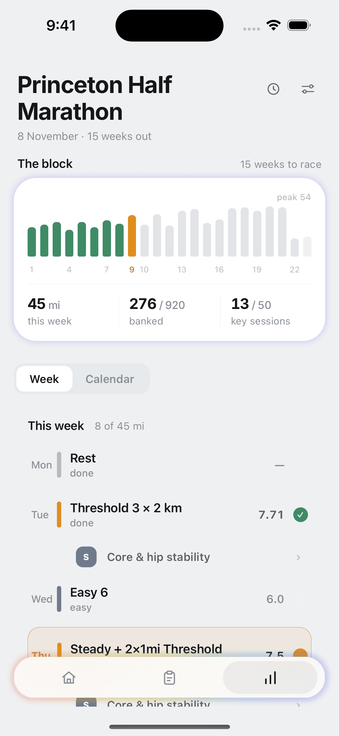 The training block: weekly mileage across twenty-three weeks, with this week listed session by session