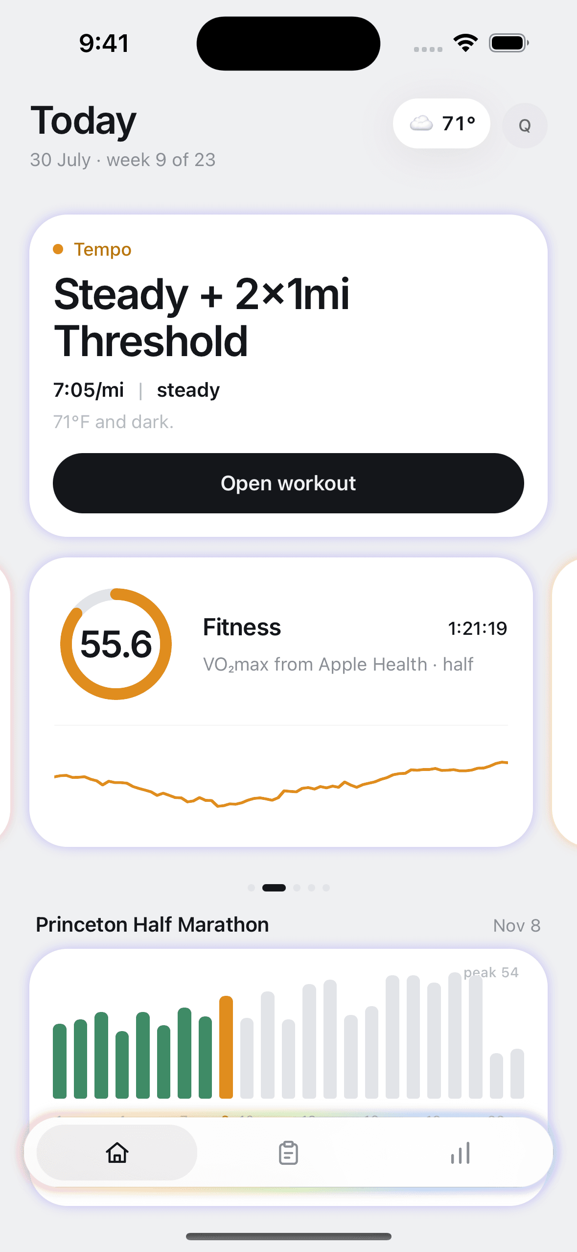 Shed's home screen: today's session, the week, and the race it is building toward