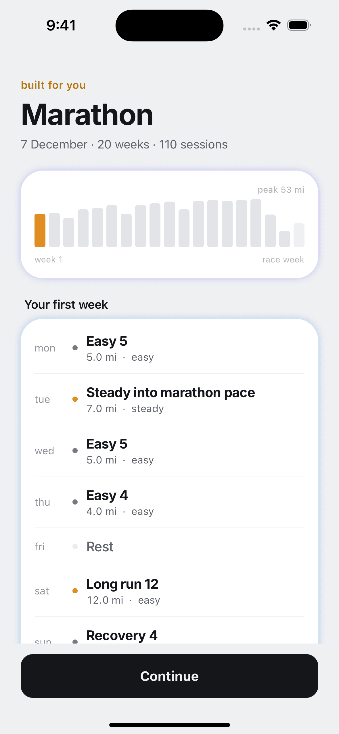 The finished plan: a marathon twenty weeks out, every week's mileage charted to race day, and the first week listed session by session
