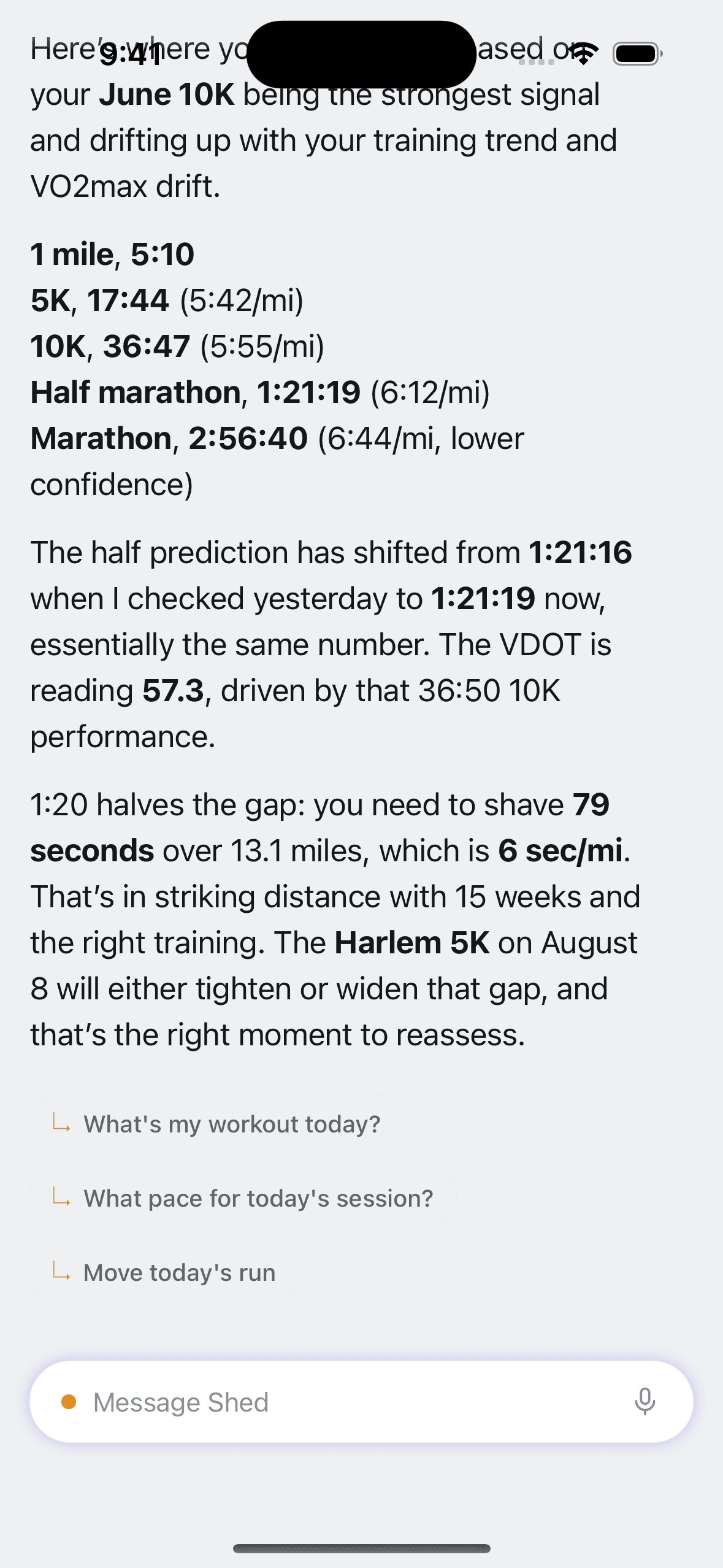 Predicted race times from the mile to the marathon, computed from your own running, with the marathon flagged as lower confidence