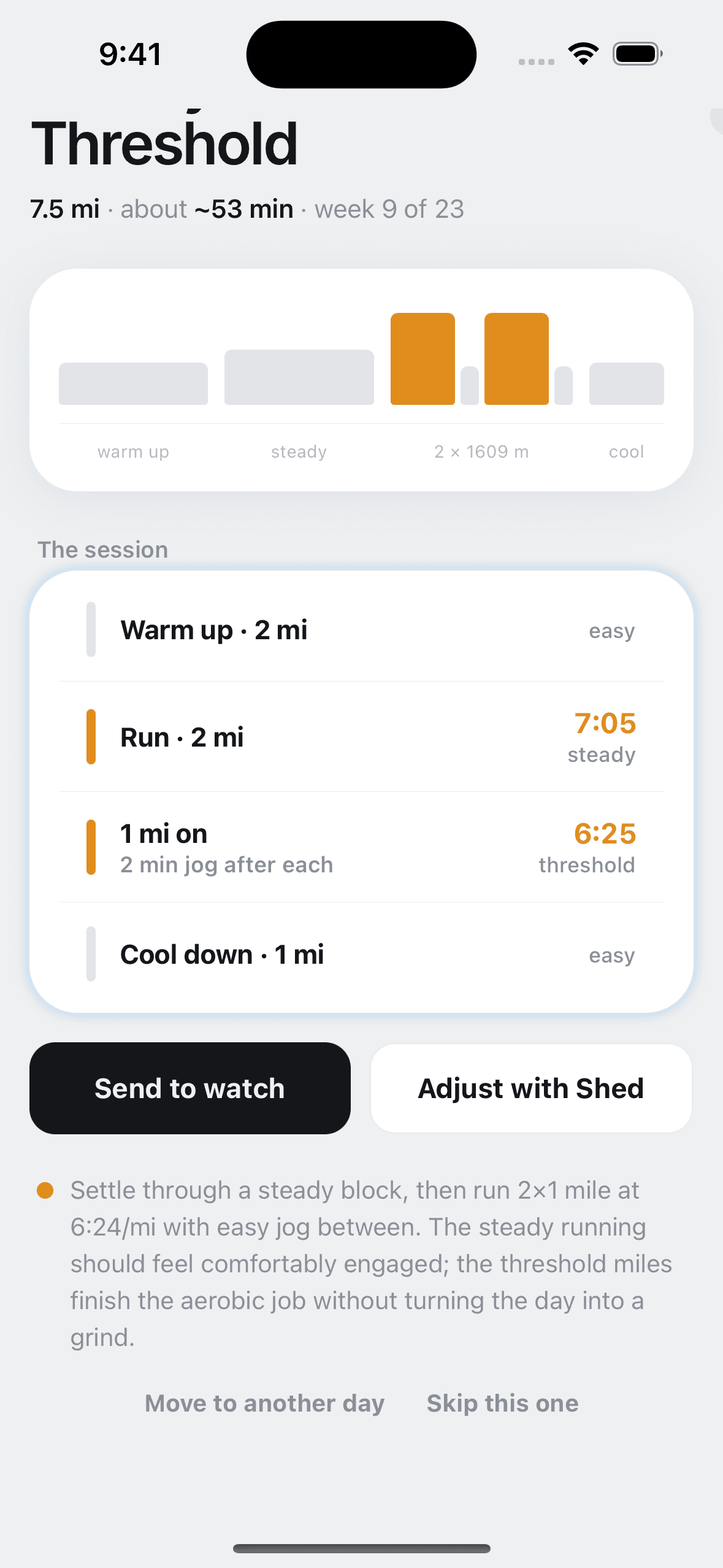 A structured session with its intervals and target paces